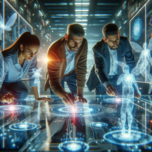 A cinematic scene of diverse AI experts collaborating intensely around glowing digital data streams and holographic interfaces, embodying expert validation and seamless integration of human insight with advanced AI workflows in a modern, high-tech workspace.