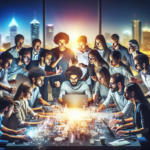 A dynamic, cinematic photograph capturing a diverse group of young Egyptian entrepreneurs collaborating intensely around a modern workspace in Cairo, with city skyline and tech hubs glowing softly in the background, symbolizing innovation and the rise of venture capital fueling startup growth in Egypt.