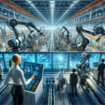 A cinematic, wide-angle view inside a modern US industrial factory showcasing advanced robotic arms and automated machinery operating seamlessly on high-tech assembly lines under bright, crisp lighting with engineers monitoring complex digital control panels in the background, conveying dynamic growth and technological innovation in industrial automation.