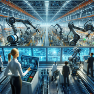 A cinematic, wide-angle view inside a modern US industrial factory showcasing advanced robotic arms and automated machinery operating seamlessly on high-tech assembly lines under bright, crisp lighting with engineers monitoring complex digital control panels in the background, conveying dynamic growth and technological innovation in industrial automation.