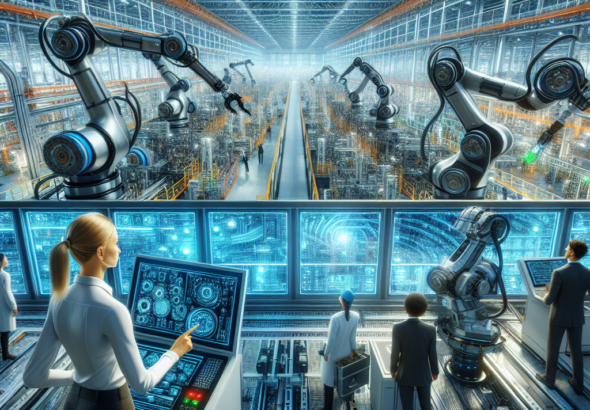 A cinematic, wide-angle view inside a modern US industrial factory showcasing advanced robotic arms and automated machinery operating seamlessly on high-tech assembly lines under bright, crisp lighting with engineers monitoring complex digital control panels in the background, conveying dynamic growth and technological innovation in industrial automation.