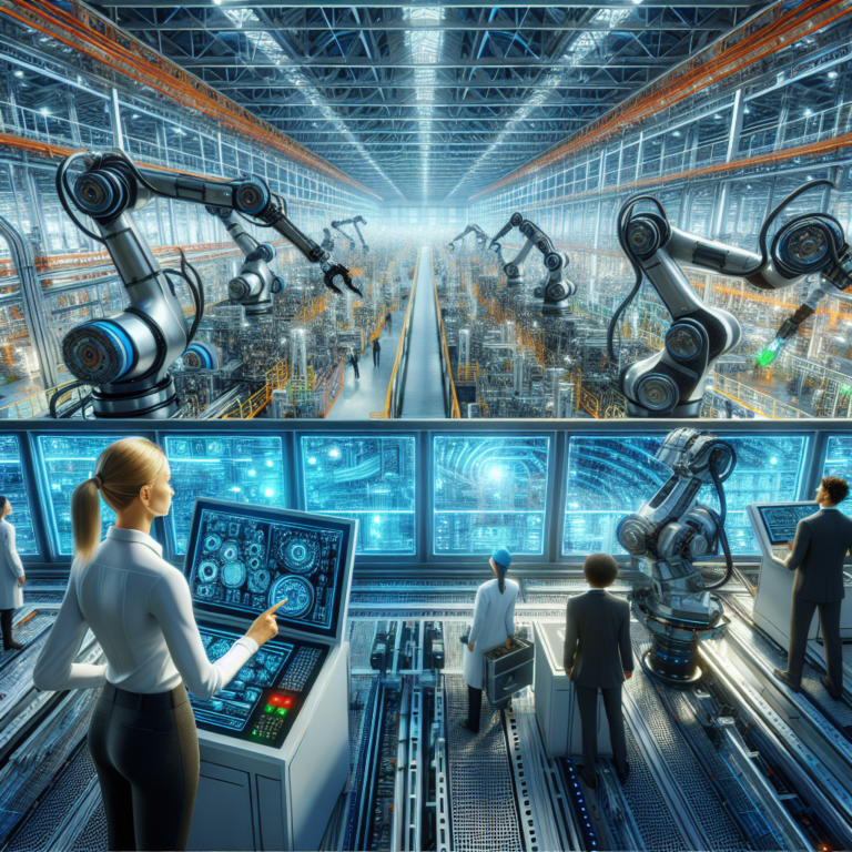 A cinematic, wide-angle view inside a modern US industrial factory showcasing advanced robotic arms and automated machinery operating seamlessly on high-tech assembly lines under bright, crisp lighting with engineers monitoring complex digital control panels in the background, conveying dynamic growth and technological innovation in industrial automation.