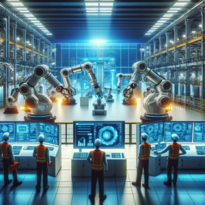 Cinematic wide-angle shot of a modern Indian industrial factory floor bustling with advanced robotics and automated machinery in action, illuminated by dynamic lighting that highlights sleek robotic arms, control panels with glowing interfaces, and engineers in safety gear overseeing smart manufacturing processes, capturing the fusion of technology and industry shaping India’s automation future in 2026.