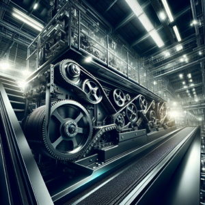 Cinematic close-up of a high-tech industrial automation belt system installed on sleek machinery in a modern factory setting, showcasing precision engineering and rugged durability under dramatic, focused lighting.