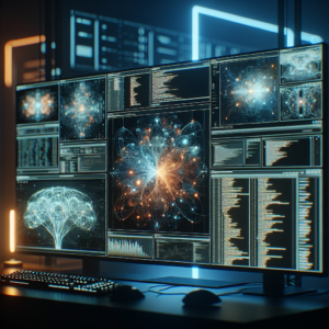 A cinematic, editorial-style close-up of a sleek, modern AI development workstation with multiple high-resolution monitors displaying abstract neural network visualizations and code, surrounded by subtle blue and orange ambient lighting in a dim, high-tech office space, conveying innovation and powerful multi-channel AI workflow management.