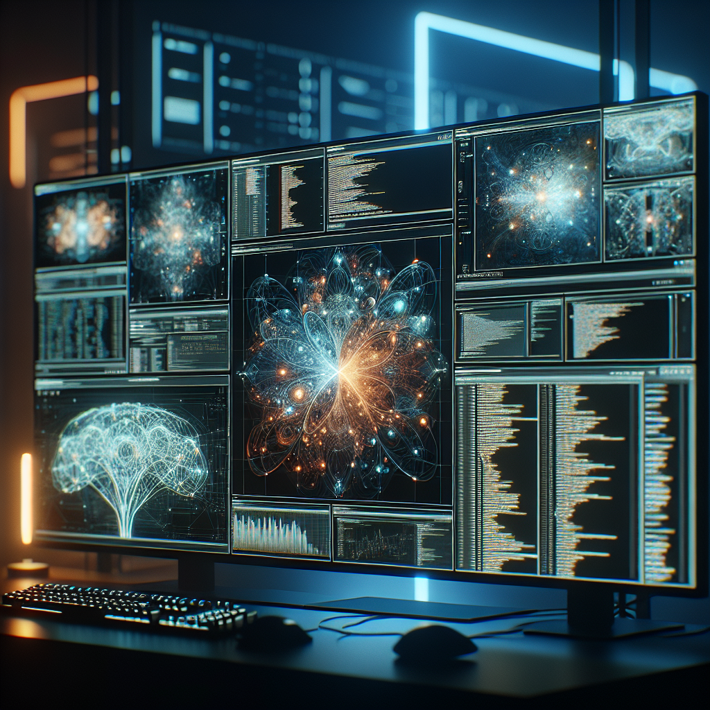 A cinematic, editorial-style close-up of a sleek, modern AI development workstation with multiple high-resolution monitors displaying abstract neural network visualizations and code, surrounded by subtle blue and orange ambient lighting in a dim, high-tech office space, conveying innovation and powerful multi-channel AI workflow management.