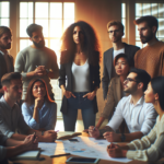 Cinematic editorial photo of a diverse startup team gathered around a confident manager leading a brainstorming session in a modern office with warm natural light and a focused, collaborative atmosphere.