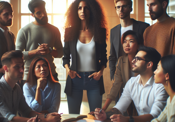 Cinematic editorial photo of a diverse startup team gathered around a confident manager leading a brainstorming session in a modern office with warm natural light and a focused, collaborative atmosphere.