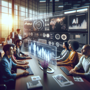 A cinematic editorial image of a diverse marketing team collaborating around a sleek digital dashboard filled with dynamic data visualizations and AI-driven media campaign analytics, set in a modern office with soft natural light, conveying cutting-edge technology and autonomous media planning innovation.