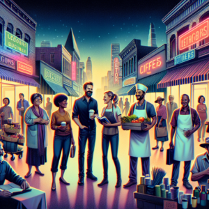 A warm, cinematic scene of a diverse group of local business owners and community members engaging in conversation outdoors in a bustling neighborhood street, with storefronts, familiar landmarks, and vibrant street life subtly blurred in the background, capturing authentic connection and collaboration in a thriving local community.