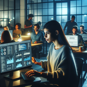 A focused digital marketer analyzing highlighted social media analytics data on multiple sleek screens in a dimly lit, modern office, emphasizing clarity and efficiency amid a bustling creative workspace.