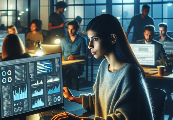 A focused digital marketer analyzing highlighted social media analytics data on multiple sleek screens in a dimly lit, modern office, emphasizing clarity and efficiency amid a bustling creative workspace.