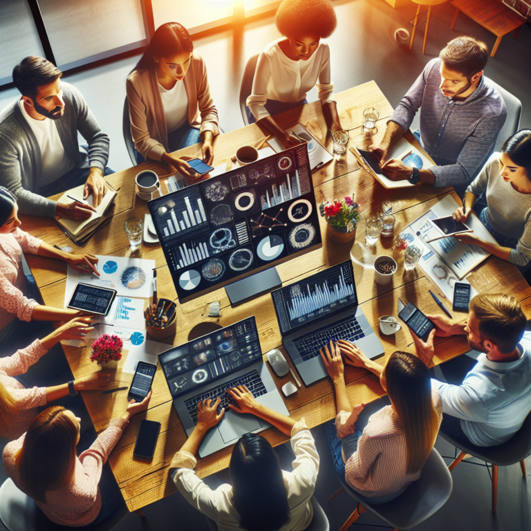 A cinematic overhead shot of diverse marketing professionals collaborating around a sleek digital workspace filled with smartphones, laptops displaying social media analytics and creative content, bathed in warm, natural light that highlights engagement and strategic planning.