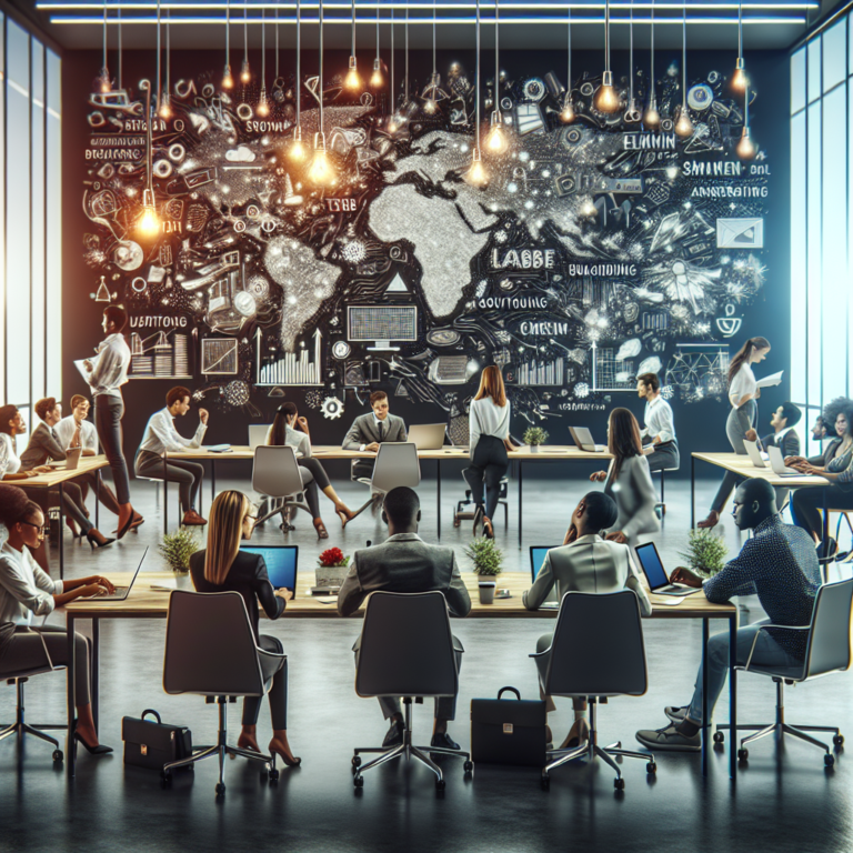 A dynamic, cinematic editorial shot of a diverse group of young African entrepreneurs collaborating intensely around a sleek, modern workspace filled with laptops, digital devices, and whiteboards covered in flowcharts and product ideas, evoking innovation and startup growth within a vibrant, tech-driven accelerator environment.