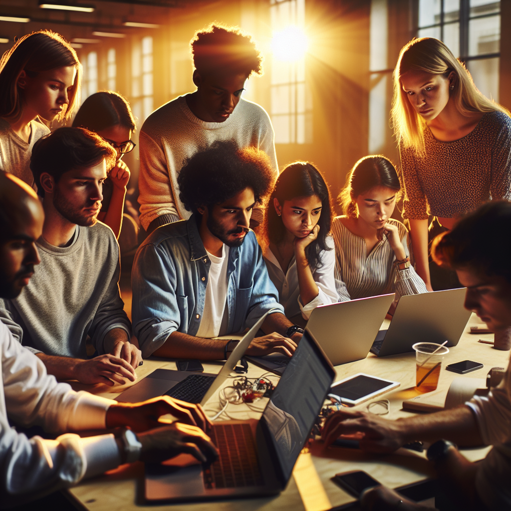A dynamic, cinematic editorial photo of diverse young entrepreneurs collaborating intensely around laptops and digital devices in a modern co-working space, with warm natural light highlighting their focused expressions and creative energy, symbolizing innovation and startup growth under a mentorship-driven accelerator program.