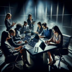 A tense boardroom scene with diverse business professionals gathered around a sleek conference table, illuminated by moody, cinematic lighting, as they intently review social media content on laptops and smartphones, conveying the high-stakes pressure and legal risks of social media marketing decisions.