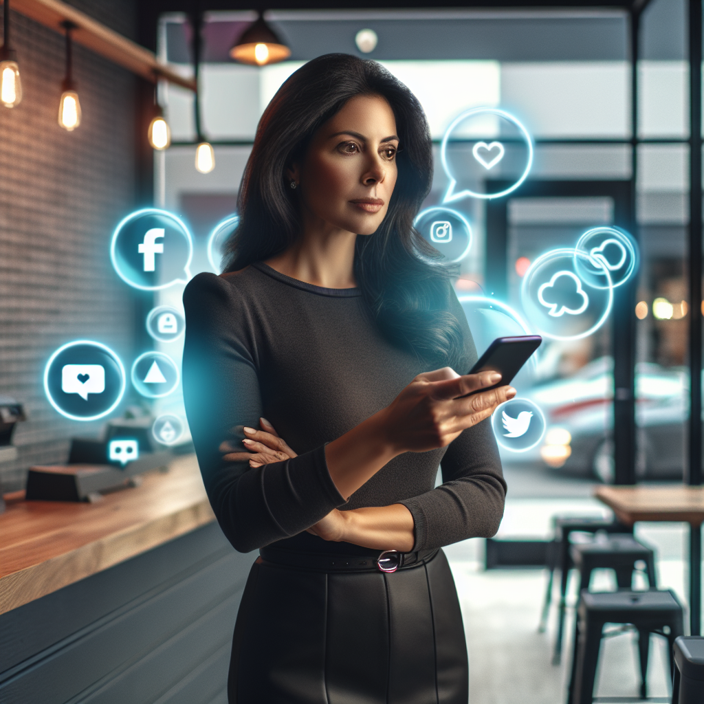 A confident woman entrepreneur engaging with her smartphone in a modern, stylish franchise storefront, surrounded by vibrant social media icons subtly integrated into the background lighting, capturing the energy of digital connection and female-led business innovation in a cinematic, natural light editorial setting.