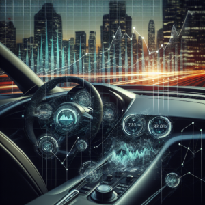 A cinematic editorial image of a sleek modern sports car dashboard glowing with digital analytics and financial graphs overlaying the windshield, symbolizing high ROI and strategic marketing success in the gaming industry, set against a dynamic blurred cityscape at dusk.