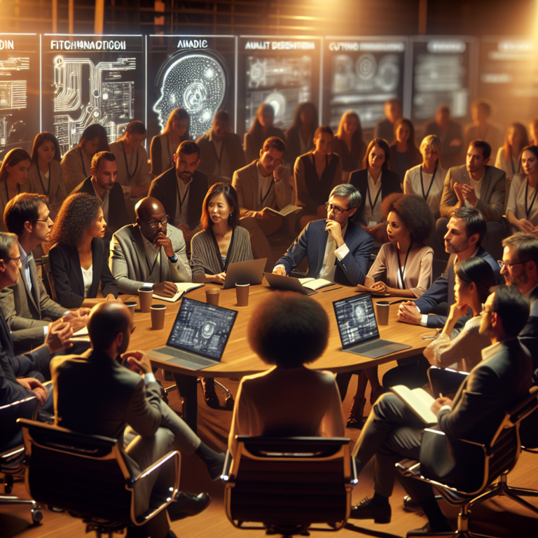 A diverse group of professionals and academics engaging in dynamic discussions and collaborative brainstorming around futuristic AI technology models and innovative digital displays inside a modern conference hall, with warm cinematic lighting highlighting a vibrant global summit atmosphere.