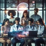 A dynamic, cinematic scene showing a diverse group of young professionals and healthcare experts intensely collaborating around laptops and digital screens in a modern, well-lit co-working space in Bangladesh, with subtle visual hints of AI technology and healthcare innovation like digital brain overlays and medical icons softly glowing in the background, capturing the energy and global spirit of a high-stakes health hackathon.