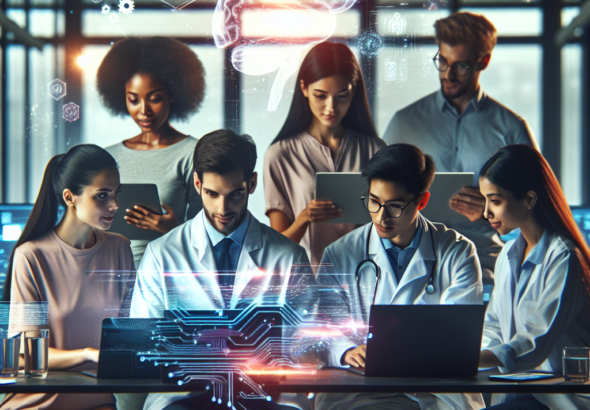 A dynamic, cinematic scene showing a diverse group of young professionals and healthcare experts intensely collaborating around laptops and digital screens in a modern, well-lit co-working space in Bangladesh, with subtle visual hints of AI technology and healthcare innovation like digital brain overlays and medical icons softly glowing in the background, capturing the energy and global spirit of a high-stakes health hackathon.