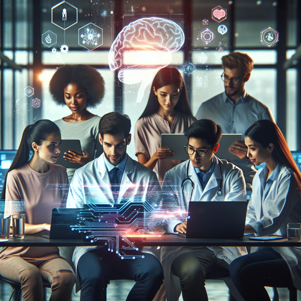 A dynamic, cinematic scene showing a diverse group of young professionals and healthcare experts intensely collaborating around laptops and digital screens in a modern, well-lit co-working space in Bangladesh, with subtle visual hints of AI technology and healthcare innovation like digital brain overlays and medical icons softly glowing in the background, capturing the energy and global spirit of a high-stakes health hackathon.