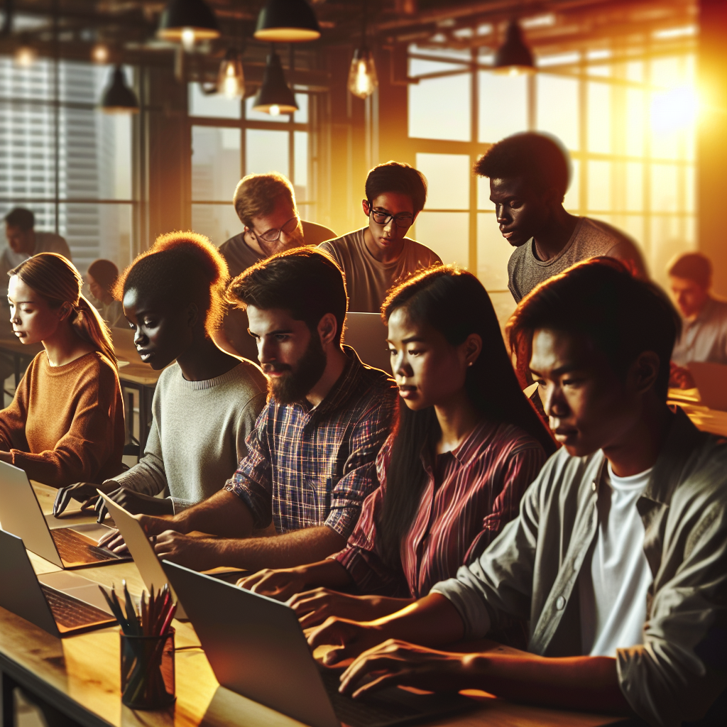 A vibrant, cinematic shot of a diverse group of young Cambodian entrepreneurs collaborating intensely around laptops and digital devices in a modern co-working space with warm natural light, showcasing innovation and mentorship in Cambodia’s startup accelerator environment.
