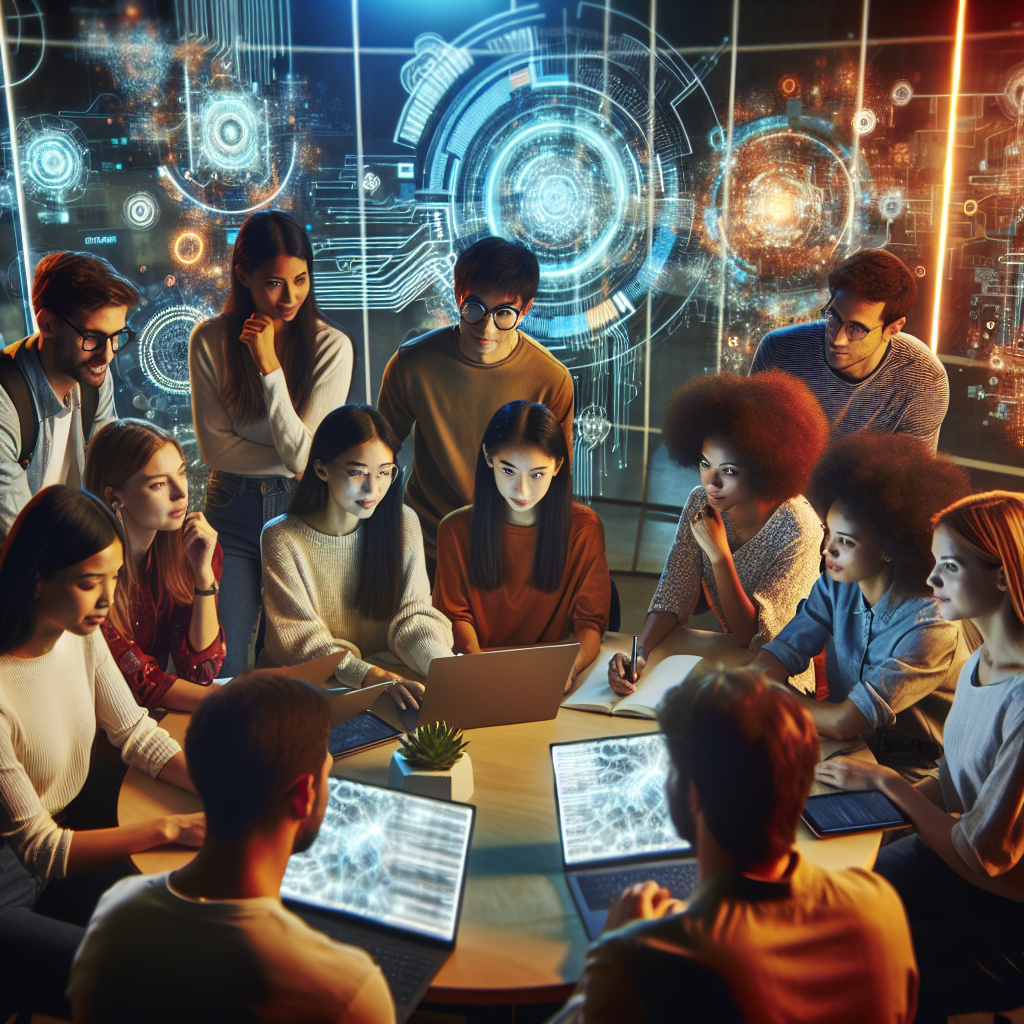 A diverse group of focused college students and faculty collaborating around laptops and digital tablets in a modern university innovation lab, surrounded by futuristic AI-themed holographic data projections and circuitry visuals, with warm cinematic lighting emphasizing engagement and forward-thinking creativity.