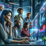 A cinematic editorial image of a diverse group of digital marketers collaborating intensely around large computer screens displaying colorful social media analytics and engagement graphs in a modern, sleek office setting with dynamic lighting and a futuristic tech atmosphere.
