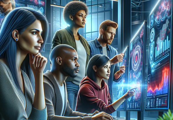 A cinematic editorial image of a diverse group of digital marketers collaborating intensely around large computer screens displaying colorful social media analytics and engagement graphs in a modern, sleek office setting with dynamic lighting and a futuristic tech atmosphere.