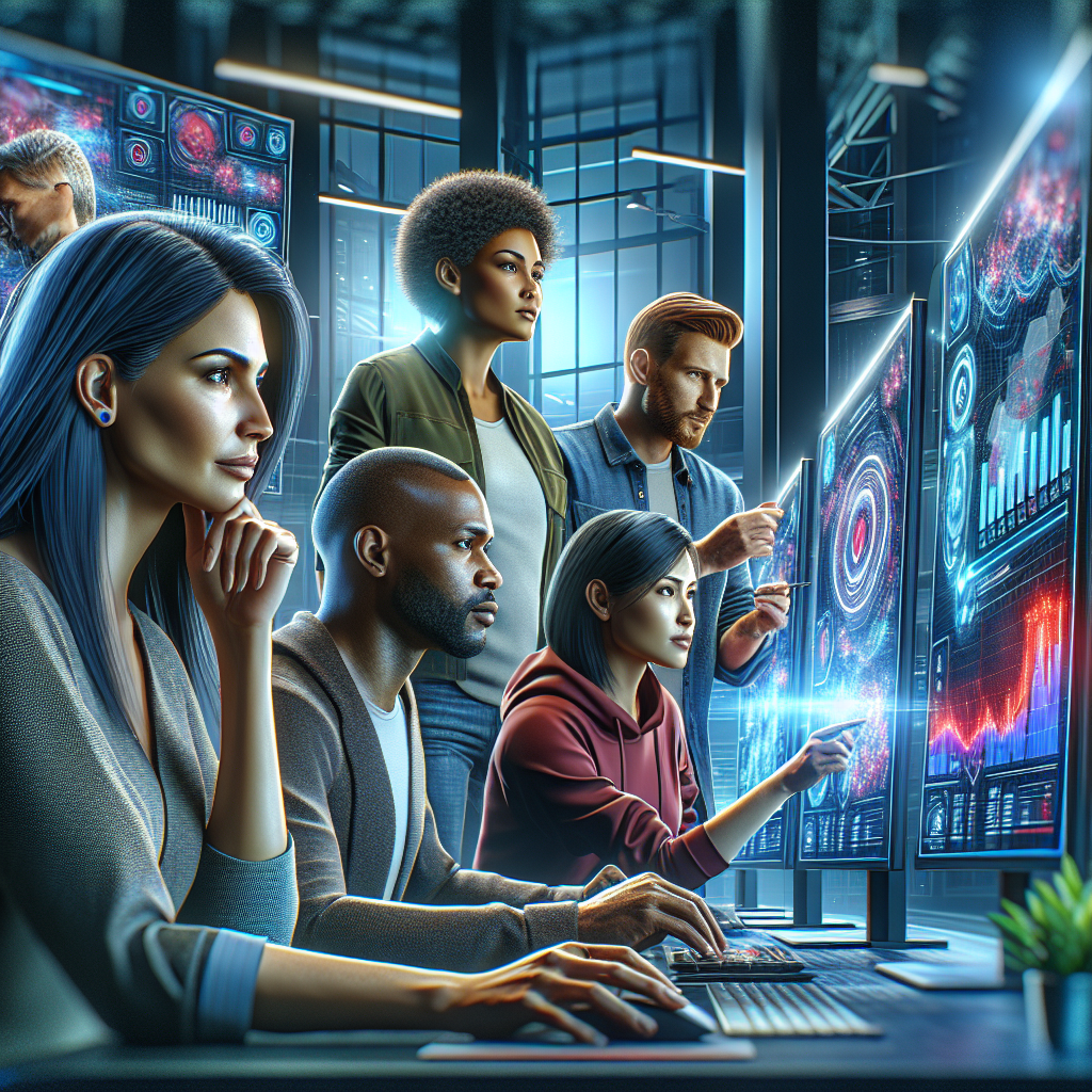 A cinematic editorial image of a diverse group of digital marketers collaborating intensely around large computer screens displaying colorful social media analytics and engagement graphs in a modern, sleek office setting with dynamic lighting and a futuristic tech atmosphere.