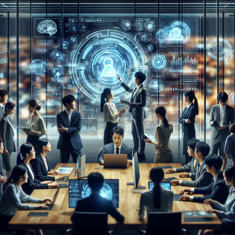 A cinematic editorial photo of a diverse group of South Korean SME business professionals collaborating with AI-themed digital holograms and futuristic data visuals in a modern office, symbolizing innovative digital transformation and government-supported AI empowerment.