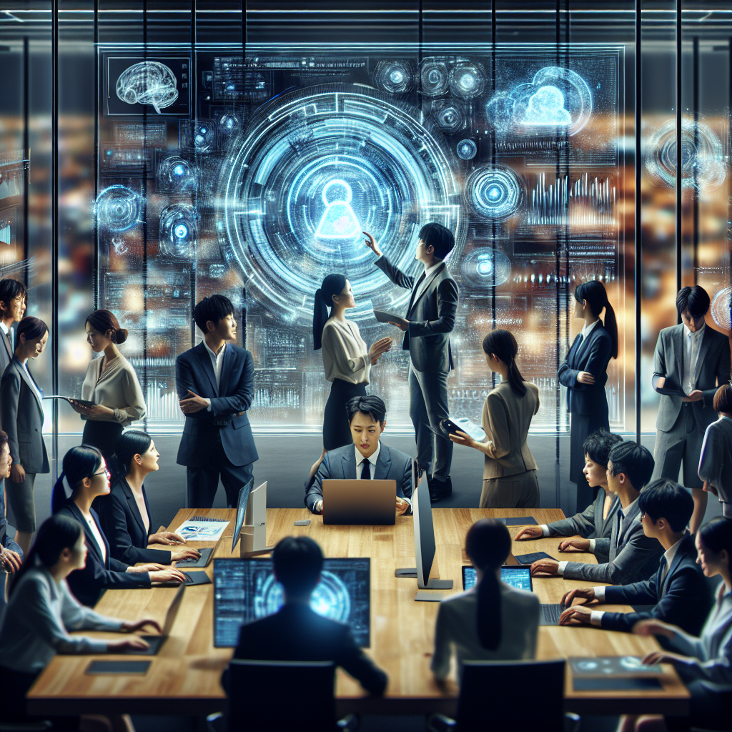 A cinematic editorial photo of a diverse group of South Korean SME business professionals collaborating with AI-themed digital holograms and futuristic data visuals in a modern office, symbolizing innovative digital transformation and government-supported AI empowerment.