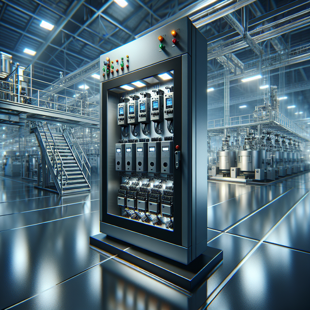 A cinematic, high-contrast editorial photograph of a modern industrial control panel featuring enclosed motor starters with smart sensor modules, surrounded by sleek factory machinery in a brightly lit automated manufacturing facility, emphasizing technology, innovation, and industrial automation.
