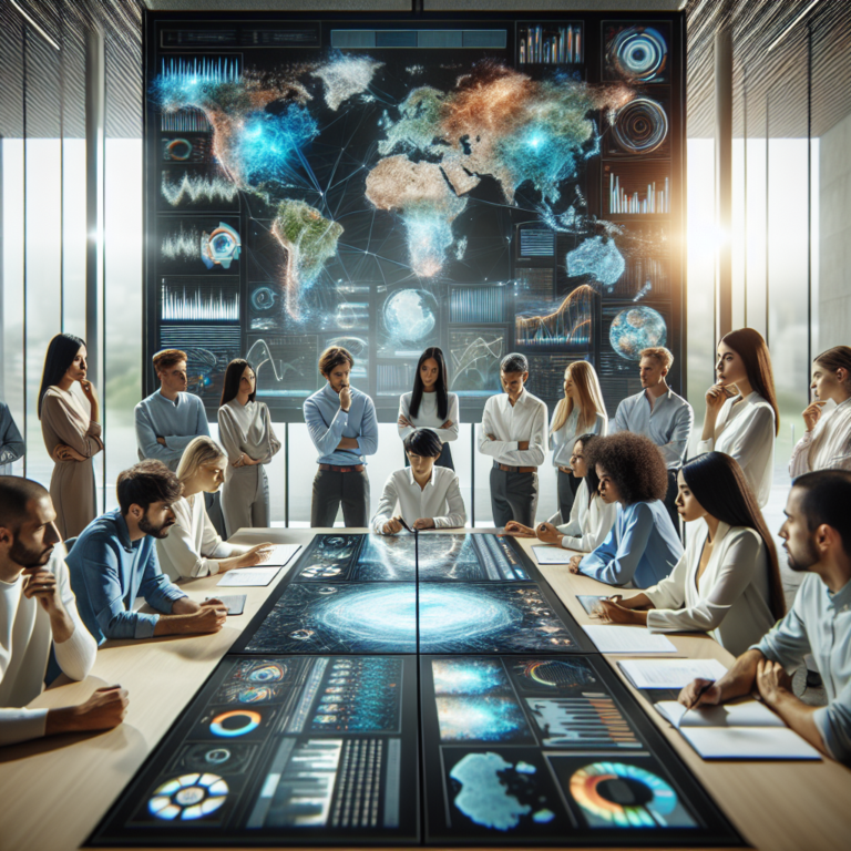 A diverse group of thoughtful young adults and experts gathered around large digital screens displaying dynamic data visualizations and AI-driven maps, set against a modern, bright conference room backdrop with subtle hints of environmental and technological themes, capturing a cinematic moment of collaborative innovation addressing global sustainability challenges.