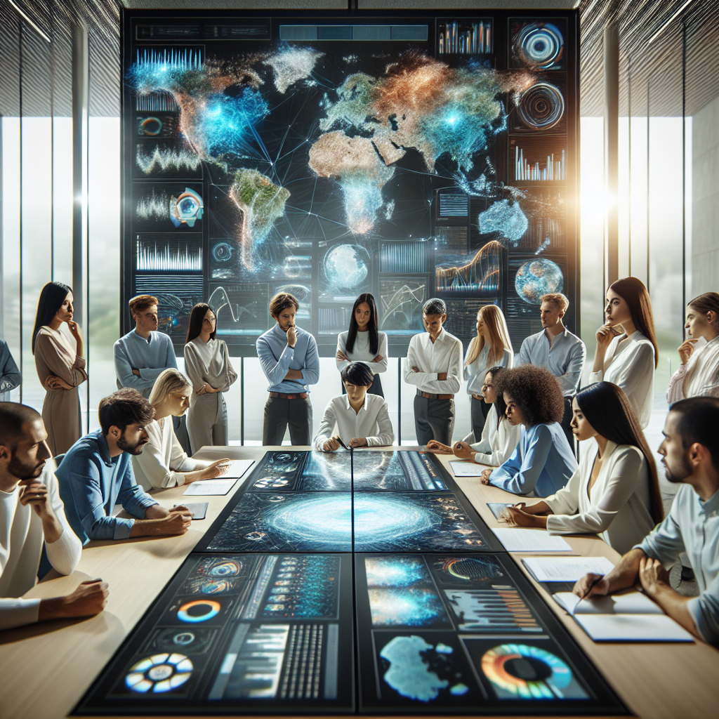 A diverse group of thoughtful young adults and experts gathered around large digital screens displaying dynamic data visualizations and AI-driven maps, set against a modern, bright conference room backdrop with subtle hints of environmental and technological themes, capturing a cinematic moment of collaborative innovation addressing global sustainability challenges.