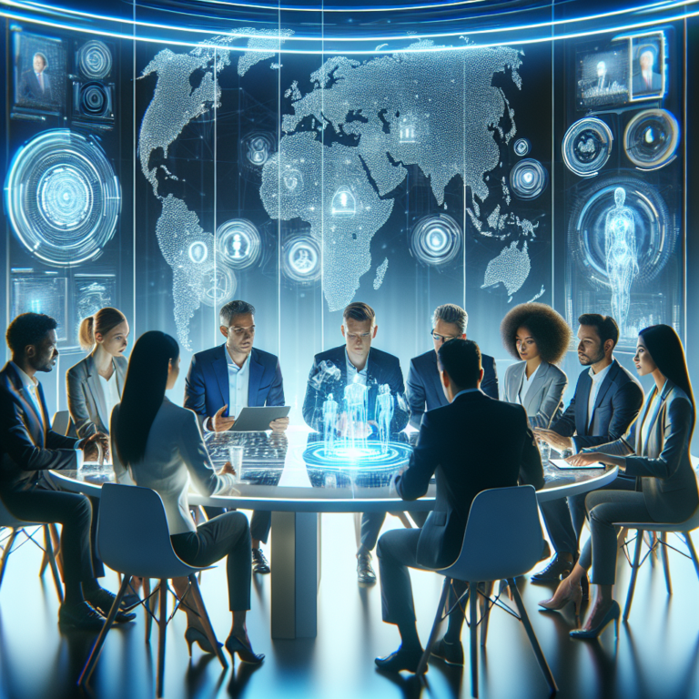 A diverse group of professionals engaged in a high-tech conference setting, illuminated by cool blue and white lighting, featuring holographic AI data visualizations and futuristic digital interfaces surrounding them, evoking innovation, collaboration, and the cutting-edge atmosphere of a global AI summit.