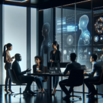A sleek modern office environment with diverse professionals collaborating around transparent digital screens displaying abstract AI workflow diagrams and data analytics in a cinematic, high-contrast lighting setting.