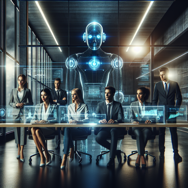 A sleek, modern office environment showcasing a diverse team of professionals collaboratively monitoring dynamic digital dashboards with glowing data streams and a subtle holographic robotic arm symbolizing automation enhancing enterprise efficiency under cinematic lighting.
