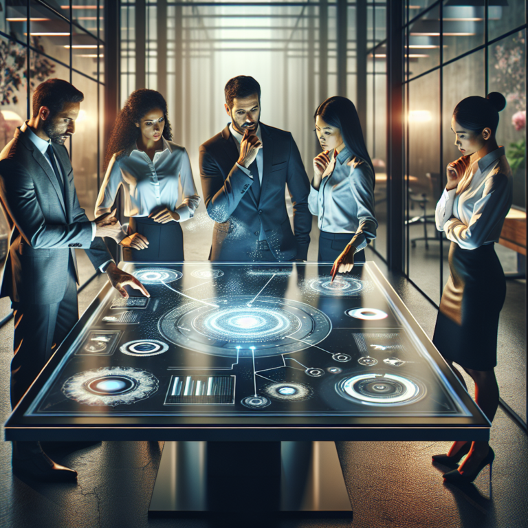 A cinematic editorial image of a diverse team of business professionals collaborating around a sleek digital touchscreen table displaying dynamic AI-driven workflow diagrams and data visualizations in a modern high-tech office setting with ambient lighting and a futuristic atmosphere.