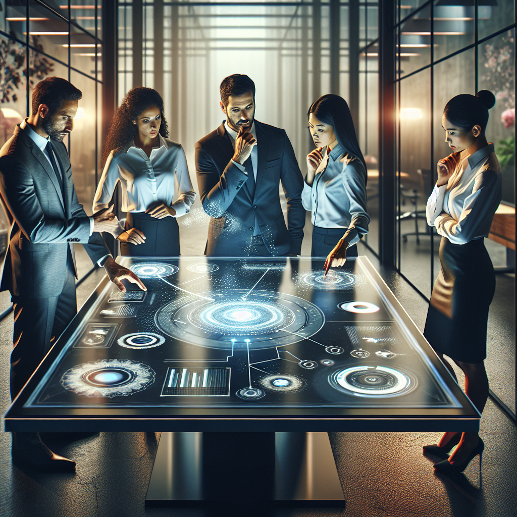 A cinematic editorial image of a diverse team of business professionals collaborating around a sleek digital touchscreen table displaying dynamic AI-driven workflow diagrams and data visualizations in a modern high-tech office setting with ambient lighting and a futuristic atmosphere.