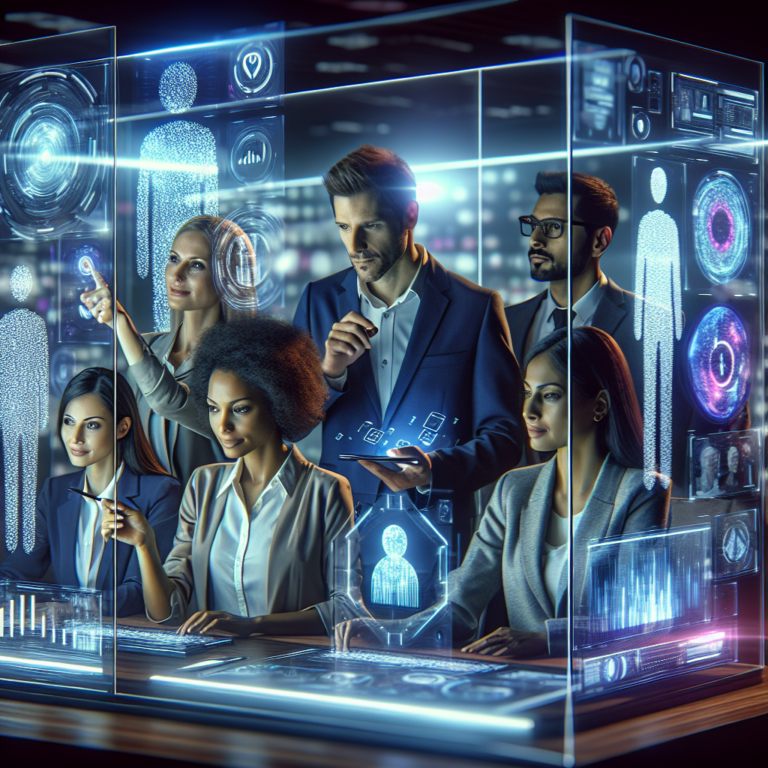 A dynamic, cinematic scene showing a diverse group of marketing professionals collaborating around futuristic transparent screens displaying abstract AI data and social media icons, illuminated by cool blue and purple lighting in a modern office setting.