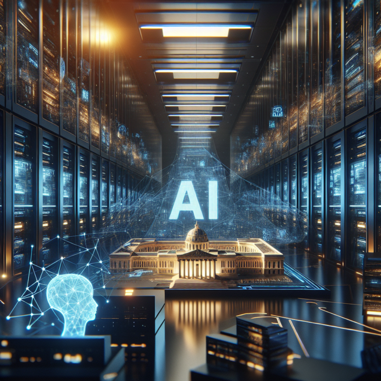A cinematic editorial image of a sleek high-tech data center with glowing AI-themed holograms and digital maps subtly overlaid, illuminated by blue and gold ambient lighting, with a modern French government building silhouette blending into the background, symbolizing the partnership between AMD and France driving the future of AI innovation.