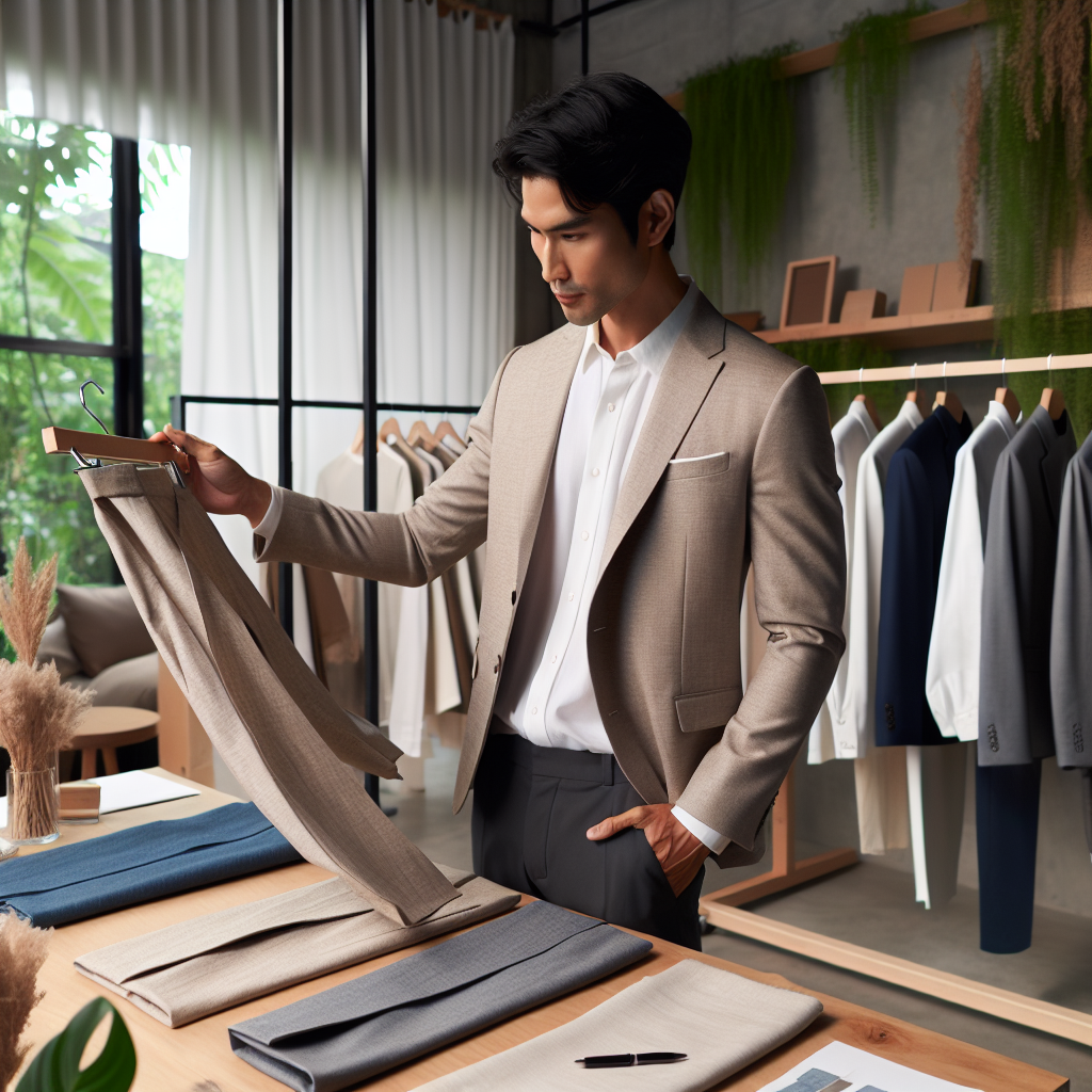 A stylish, modern fashion designer reviewing sustainable clothing samples in a sleek studio with natural light, surrounded by eco-friendly fabrics and minimalist garment racks, conveying innovation and responsibility in fashion production.