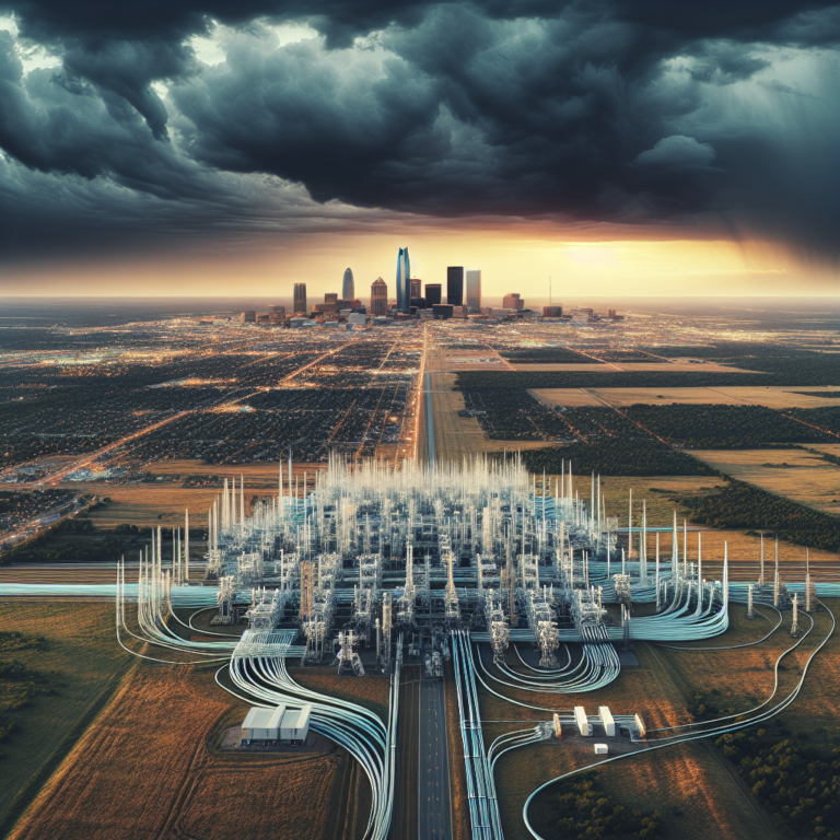 A cinematic aerial view of a sprawling modern fiber optic network installation weaving through a blend of Oklahoma’s urban skylines and vast rural landscapes under a dramatic sky, symbolizing technological connectivity and AI innovation bridging the heartland.