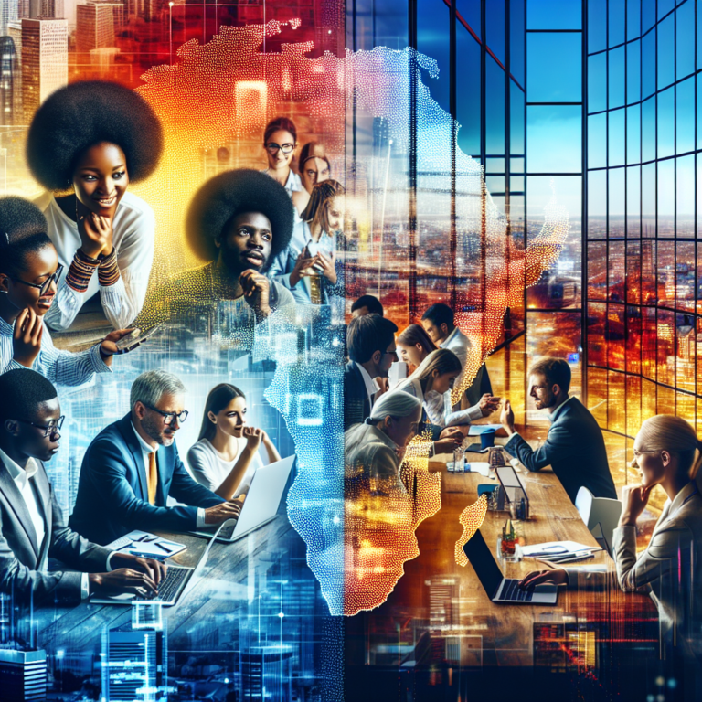 A dynamic split-scene editorial image showing a modern African tech startup workspace with young entrepreneurs collaborating on laptops on one side, seamlessly blending into a sleek German urban innovation hub featuring professionals exchanging ideas by large glass windows, symbolizing cross-continental partnership and startup growth.
