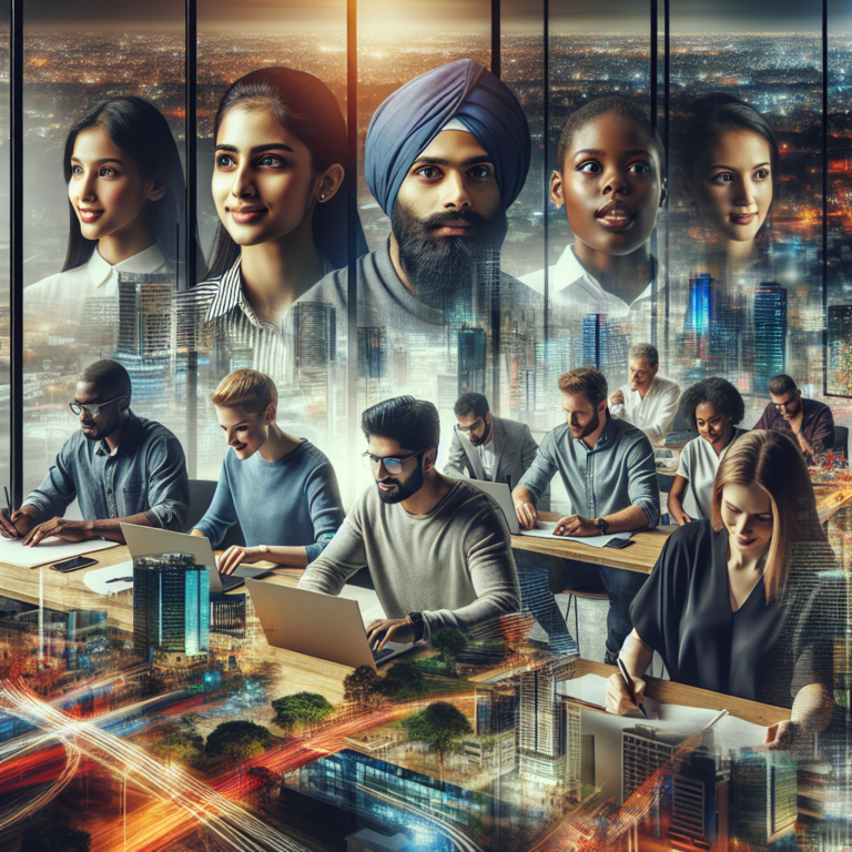 A dynamic, cinematic editorial photograph of diverse young entrepreneurs collaborating in a modern co-working space with Bangalore’s cityscape visible through large windows, symbolizing innovation and partnership fueling Karnataka’s startup ecosystem.
