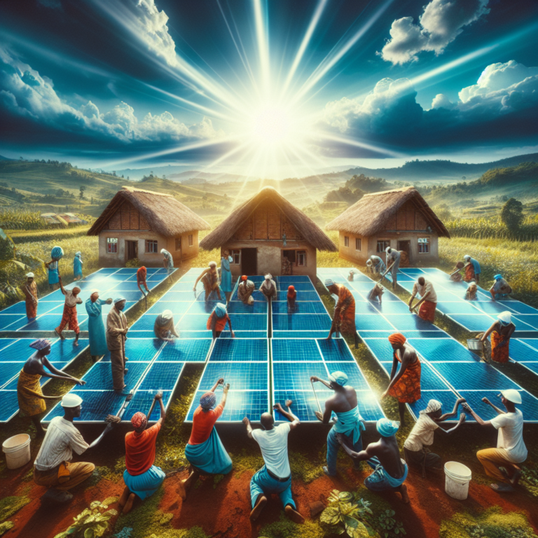 A cinematic editorial photograph of African villagers and local technicians collaboratively installing sleek, modern solar panels under a vibrant blue sky, with solar-powered homes and lush greenery in the background, symbolizing sustainable energy empowerment and community development.