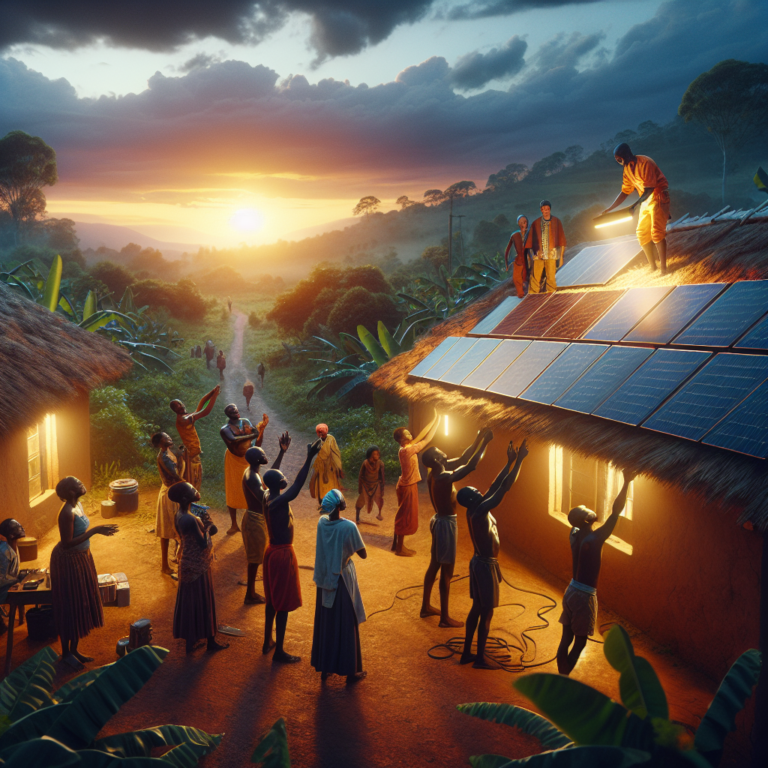 A cinematic, editorial-style photograph of African solar technicians installing sleek solar panels on a rural rooftop at golden hour, with warm sunlight illuminating smiling local community members gathered nearby, lush greenery in the background, and an atmosphere of collaboration and sustainable progress.