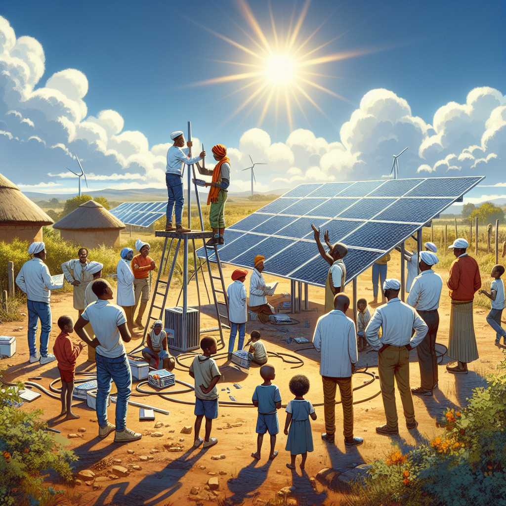 A cinematic, editorial-style image of a diverse African community gathered around solar panels installed in a sunny rural setting, with local technicians and children engaging, symbolizing sustainable clean energy bringing empowerment and progress.